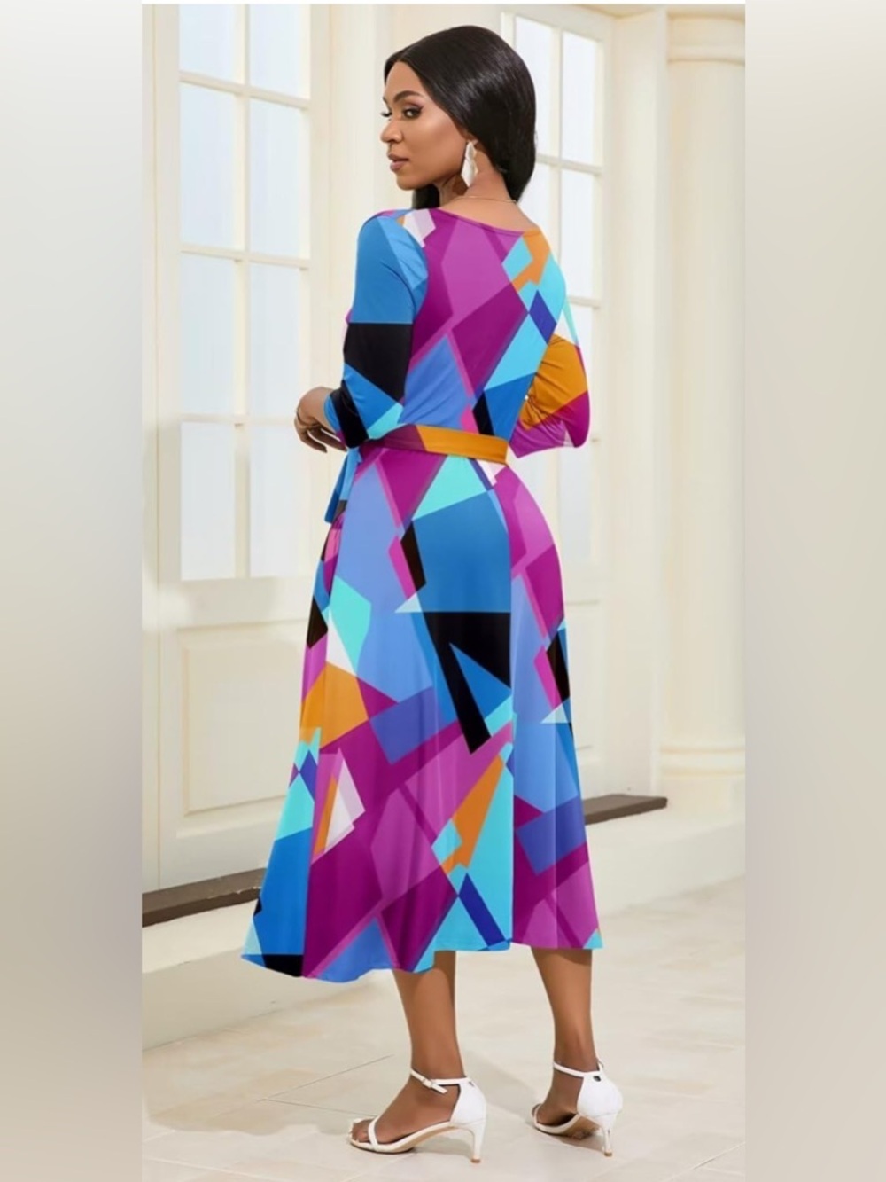New-Small Vibrant Geometric Wrap Midi Dress - Multi colored 
NO BELT INCLUDED - Picture 3 of 8